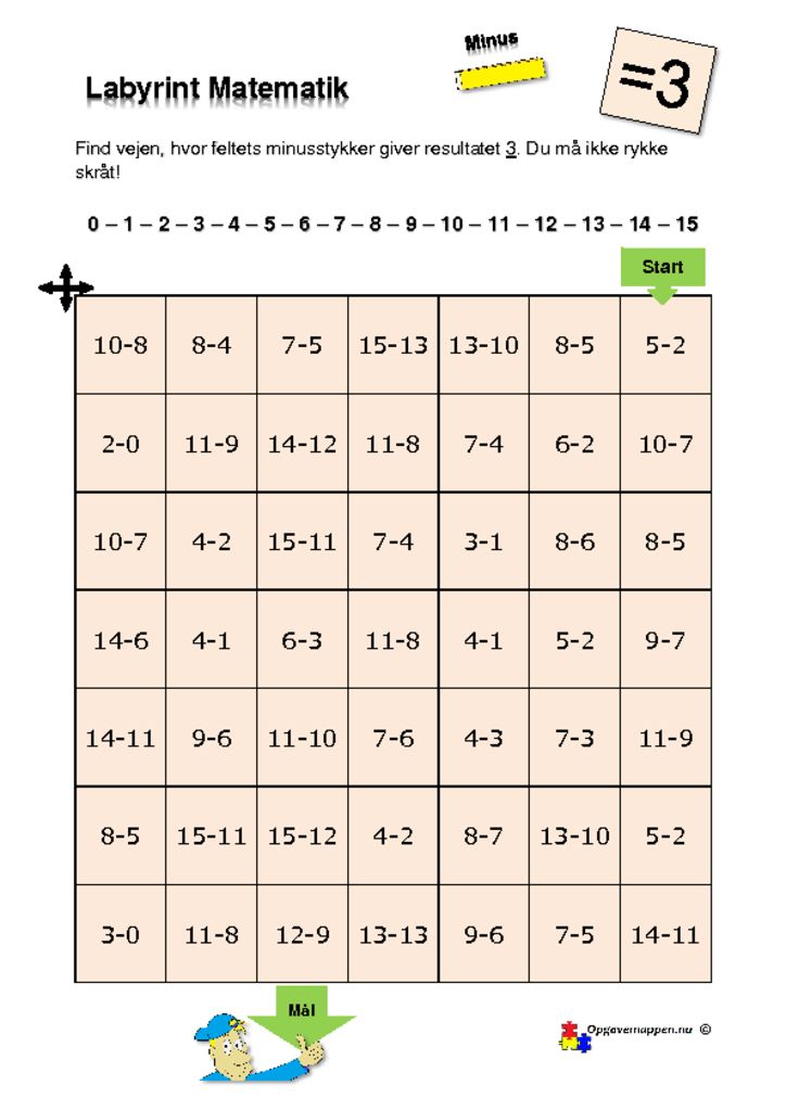 thumbnail of Matematik – Labyrint – med minus – 3 er løsningen – tal fra 0 – 15 – opgavemappen.nu