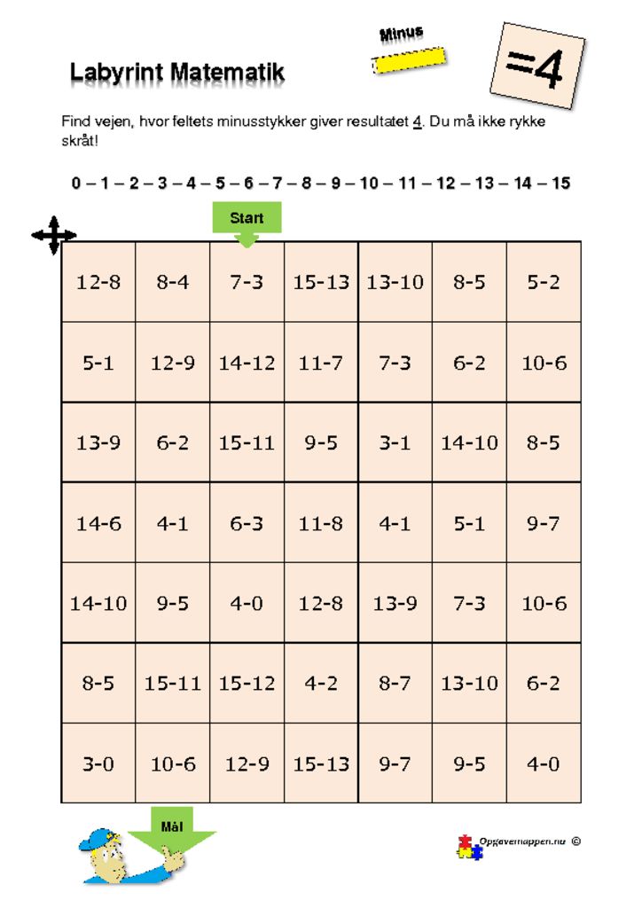 thumbnail of Matematik – Labyrint – med minus – 4 er løsningen – tal fra 0 – 15 – opgavemappen.nu