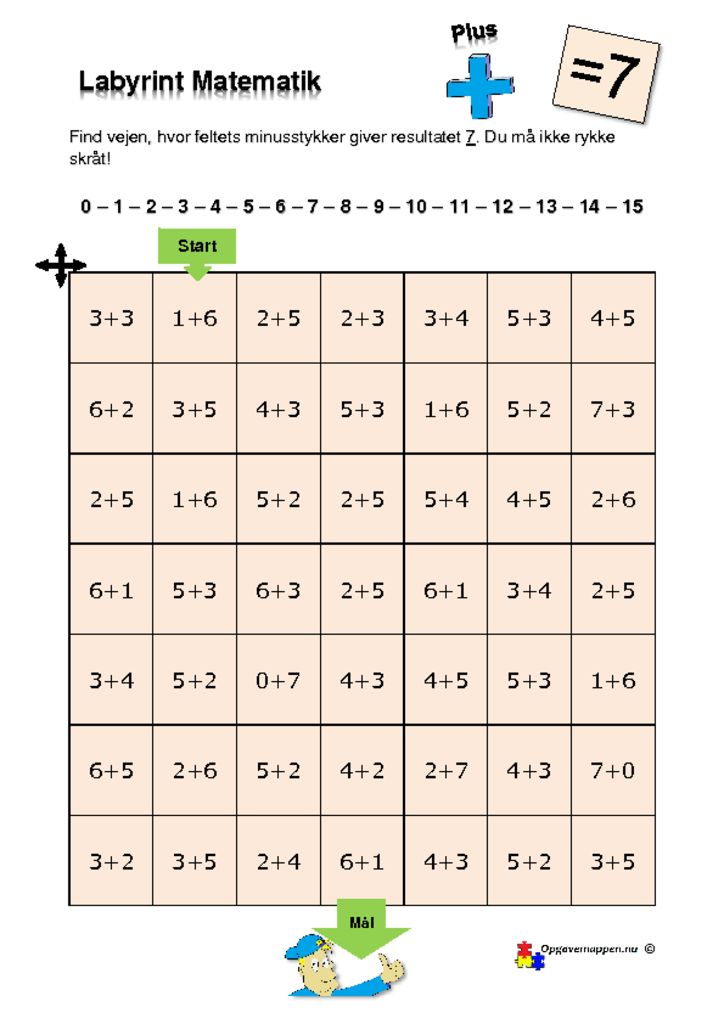 thumbnail of Matematik – Labyrint – med plus – 7 er løsningen – tal fra 0 – 15 – opgavemappen.nu