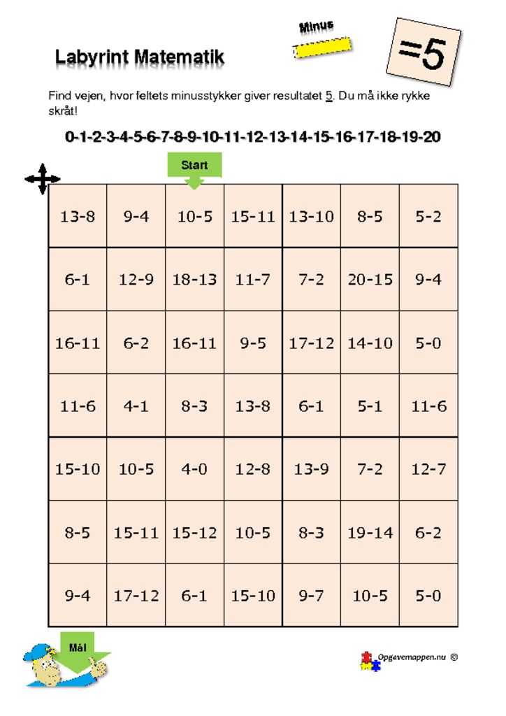 thumbnail of Matematik – Labyrint – med minus – 5 er løsningen – tal fra 0 – 20 – opgavemappen.nu