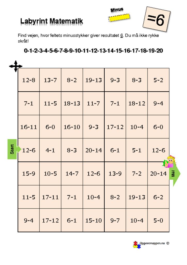 thumbnail of Matematik – Labyrint – med minus – 6 er løsningen – tal fra 0 – 20 – opgavemappen.nu