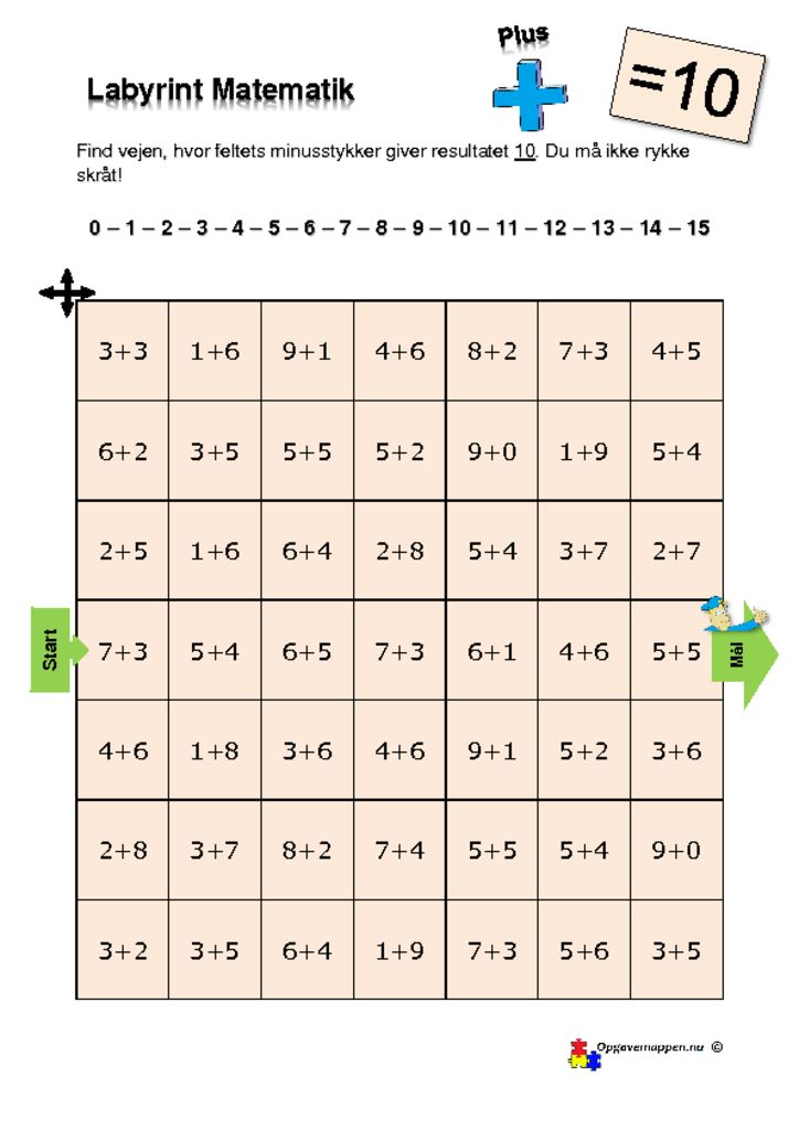 thumbnail of Matematik – Labyrint – med plus – 10 er løsningen – tal fra 0 – 15 – opgavemappen.nu