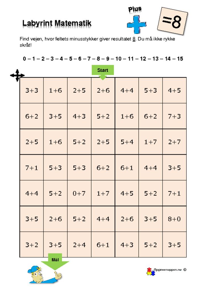 thumbnail of Matematik – Labyrint – med plus – 8 er løsningen – tal fra 0 – 15 – opgavemappen.nu