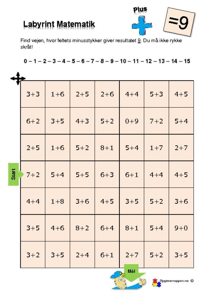 thumbnail of Matematik – Labyrint – med plus – 9 er løsningen – tal fra 0 – 15 – opgavemappen.nu