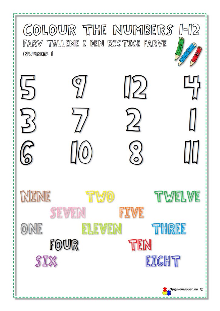 thumbnail of Colour the Numbers 1-12 – page 1 – ver 1.0 – Engelsk – opgavemappen.nu